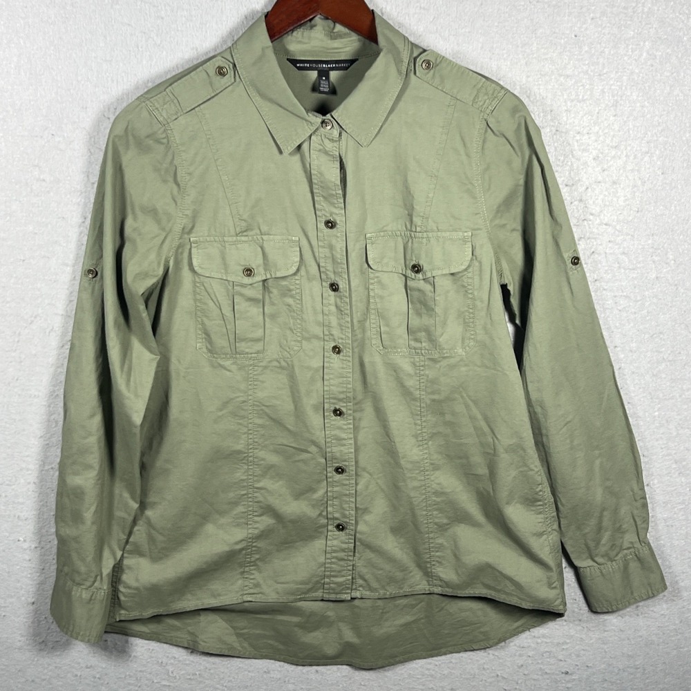 White House Black Market Womens Shirt Size 8 Olive Long Sleeve 100% Cotton
